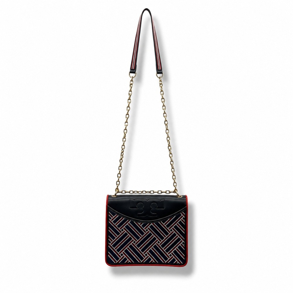 Tory‎ Burch Alexa Convertible Shoulder Bag Navy Red Embroidered Leather Chain